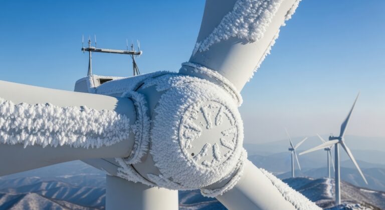 Frozen wind turbine generator covered in thick rime ice and hoarfrost during extreme winter conditions at mountain wind farm with snow accumulation on rotor blades
